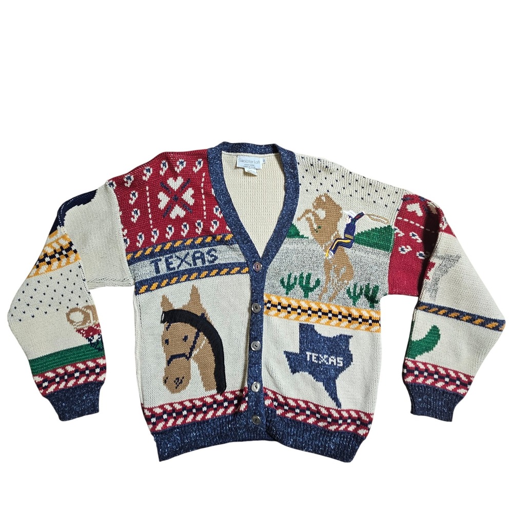 Vintage Sweater Loft Texas Novelty Cardigan Womens M Western Cowgirl USA‎ Retro